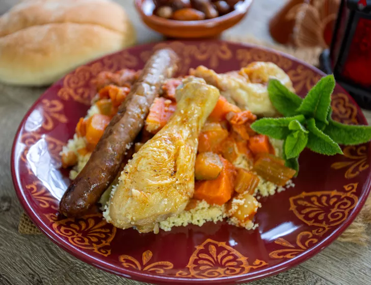 Couscous de légumes aux Merguez d'Agneau et au Poulet.