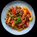 Boeuf sauté aux Poivrons, Riz Basmati.