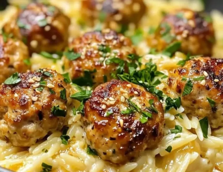 BOULETTES DE VOLAILLE,  ORZO CRÉMEUX AUX PARMESAN & CITRON