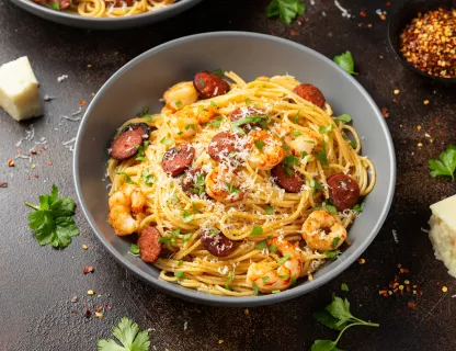 Spaghetti aux Scampis, sauce crémeuse au Chorizo.
