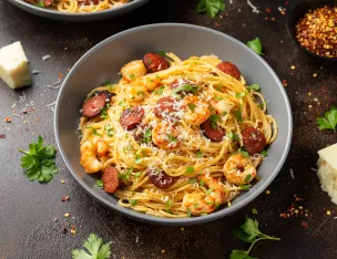 Spaghetti aux Scampis, sauce crémeuse au Chorizo. Spaghetti aux Scampis, sauce crémeuse au Chorizo.