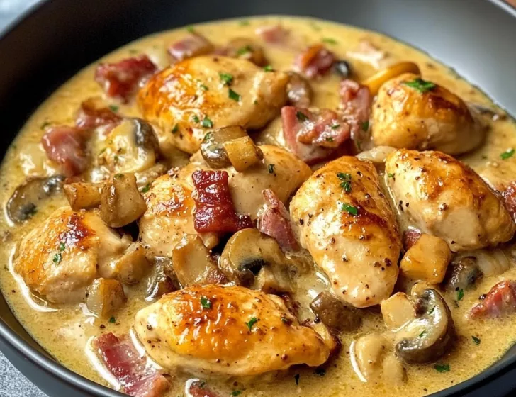 POULET TENDRE , SAUCE CRéMEUSE AU CHAMPIGNONS & ESTRAGON, MACARONI.