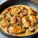 Poulet sauce crémeuse moutarde, lardons & champignons, pommes de terre grenailles.