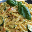 Escalope, Spaghetti à la sauce crémeuse aux courgettes, tomates cerises rôties.