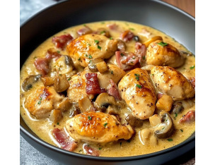 Poulet à la Bière, lardons & champignons, Purée de pommes de terre au beurre.